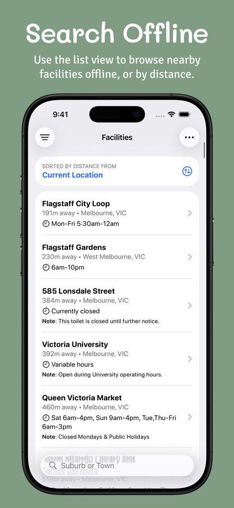 Public Toilets Australia app screenshot showing a list of nearby facilities for offline searching