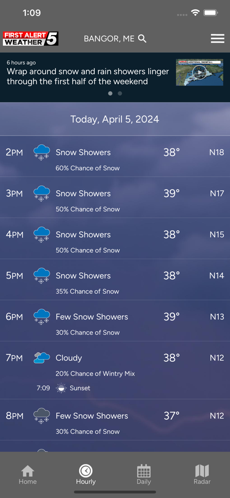 Hourly weather forecast for Bangor Maine on the WABI TV5 Weather App showing snow showers and temperatures