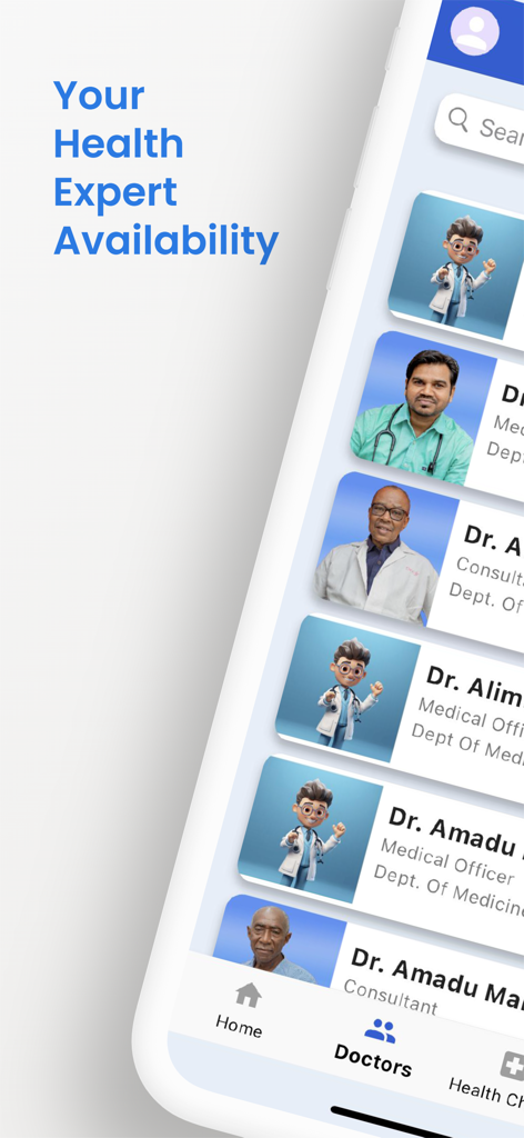 Aplicativo CMH Health Assist exibindo uma lista de médicos e sua disponibilidade