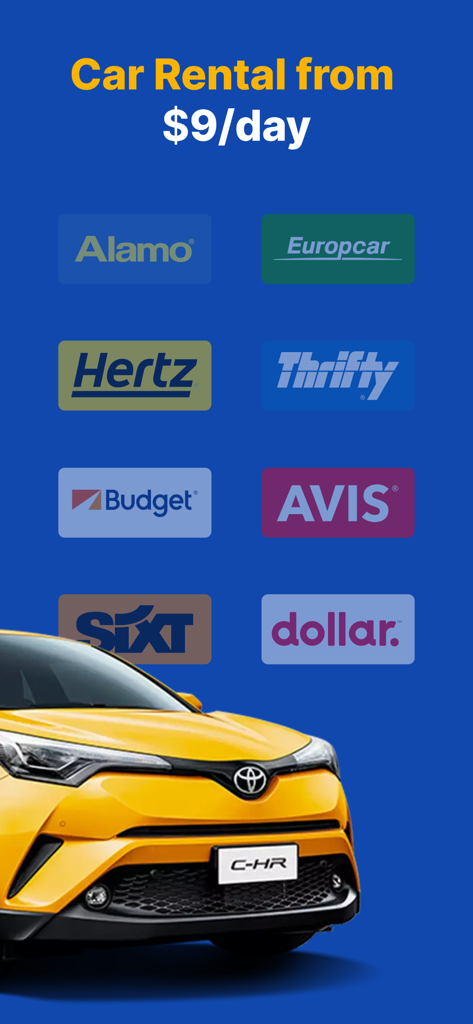 Pantalla de la aplicación EconomyBookings mostrando ofertas de alquiler de coches a partir de nueve dólares al día con logotipos de marcas de alquiler importantes.