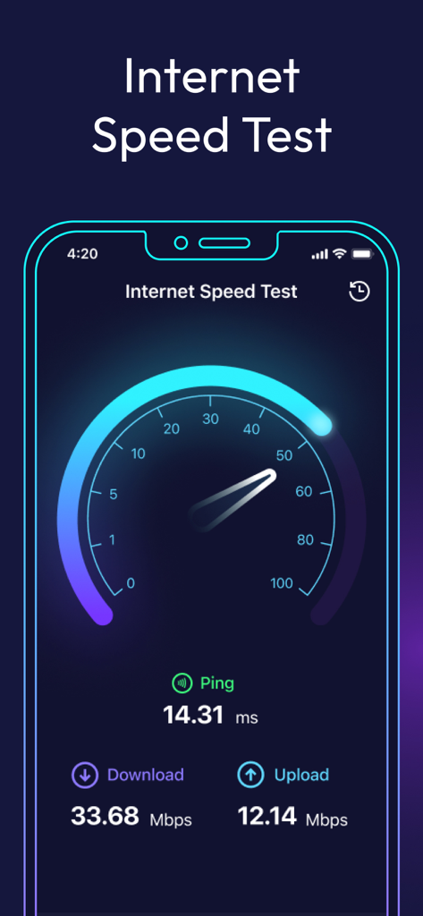 Interfaz de la aplicación Speed Test y Wifi Analyzer que muestra velocidades de descarga y carga con un ping de 14 ms