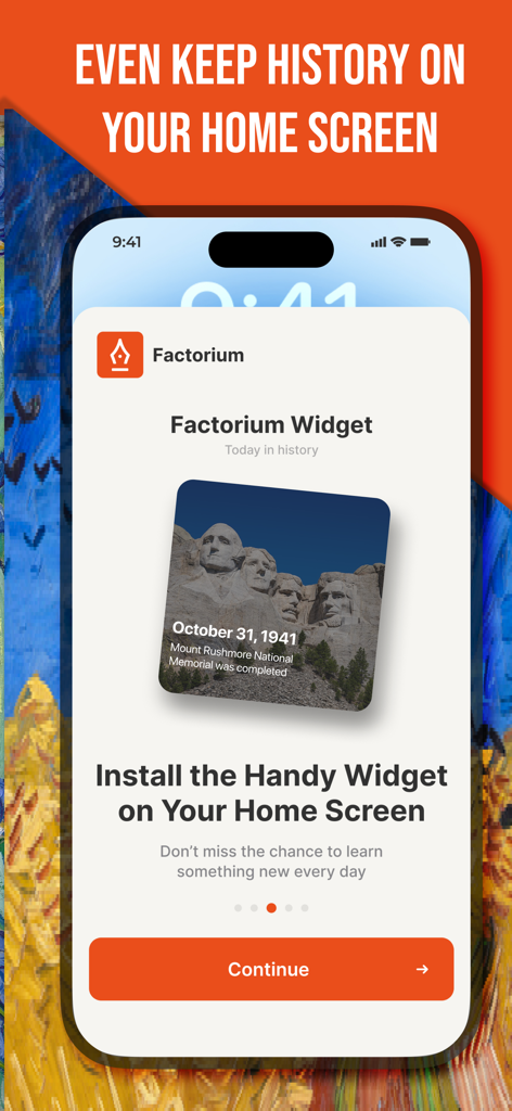 Factorium: Daily History Facts - Factorium モバイル アプリ。ラシュモア山の歴史的事実を含むホーム画面ウィジェット機能が表示されています。