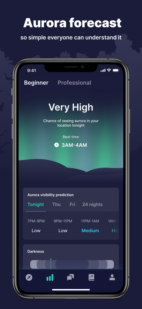 Lumyros - Lumyros app showing a very high aurora visibility forecast and best viewing time