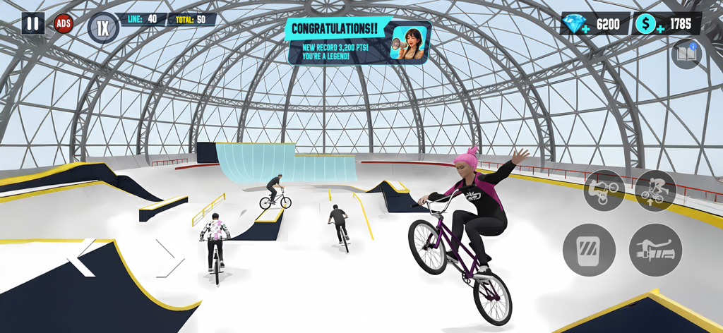 BMX Playground - 돔형 실내 스케이트 파크에서 핑크색 머리카락을 한 라이더가 트릭을 선보임