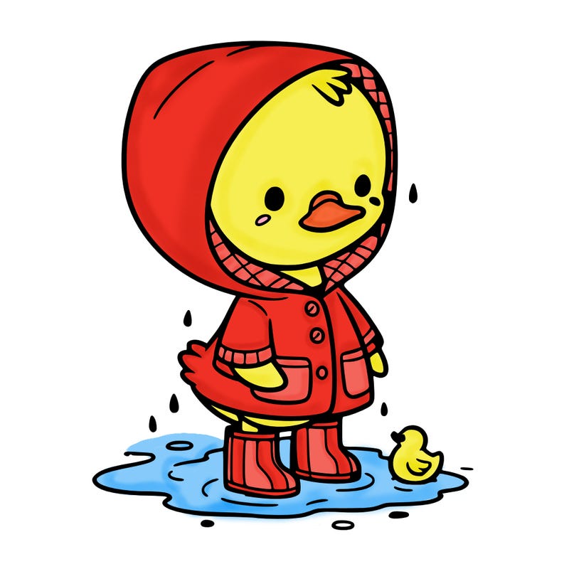 baby duck in a rain coat and boots, in a puddle while it’s raining
