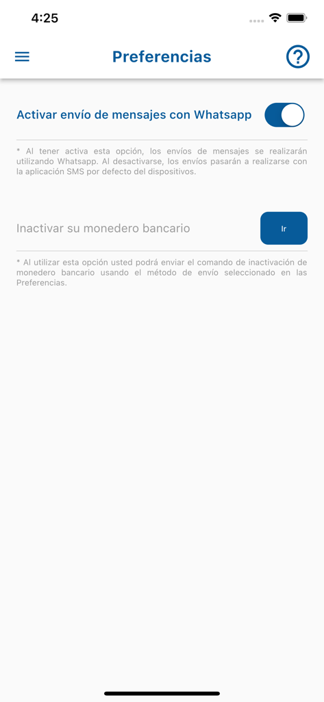 Caja de ANDE SINPE Móvil - Pagina delle impostazioni dell'app Caja de ANDE SINPE Movil che mostra le opzioni per messaggistica WhatsApp e disattivazione del portafoglio mobile
