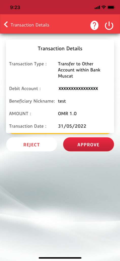 Bank Muscat Soft Token - Bank Muscat Soft Token transaction details screen showing approve and reject options for a bank transfer.