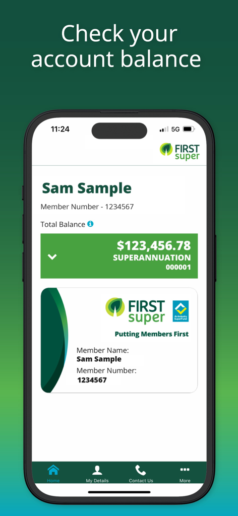 First Super - First Super mobile app home screen showing account balance and member card