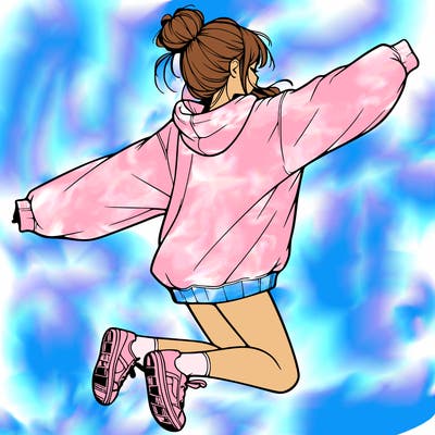 realistic girl jumping with a bun and oversized sweatshirt