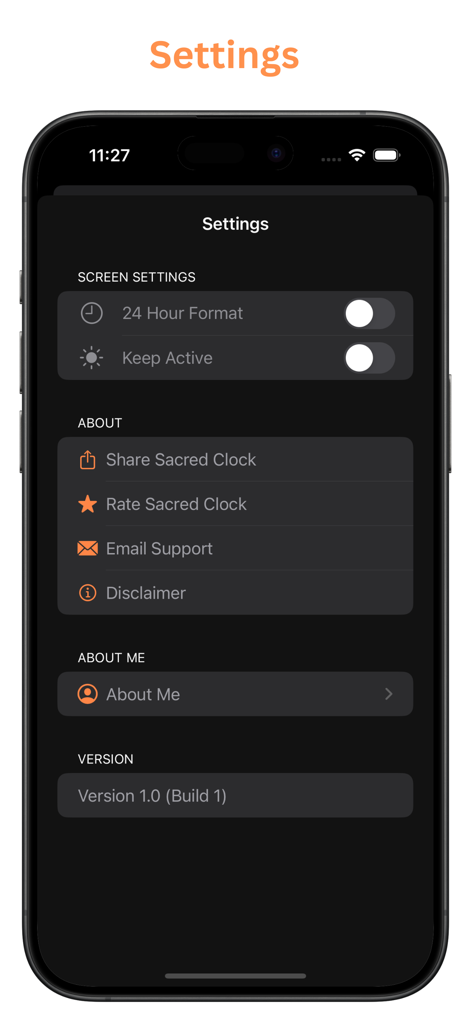Bible Verse Clock - Tela de configurações do aplicativo Relógio de Versículos Bíblicos mostrando opções para formato 24 horas e configurações de exibição.