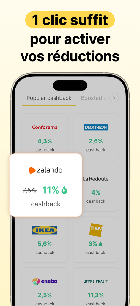 Widilo: Cashback & Codes Promo - Interface de l'application Widilo montrant les pourcentages de cashback pour les détaillants populaires comme Zalando, IKEA et Fnac.