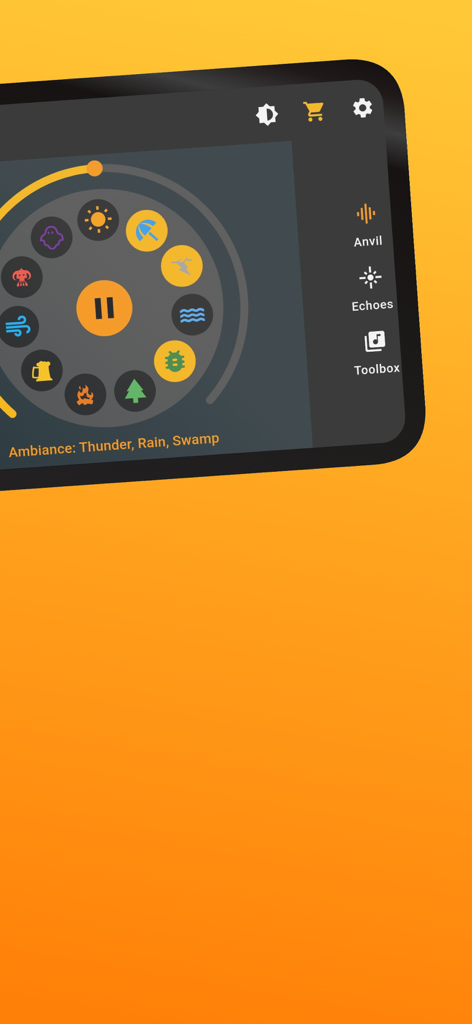 RPG soundboard interface showing ambient sound layers for thunder, rain, and swamp atmospheres