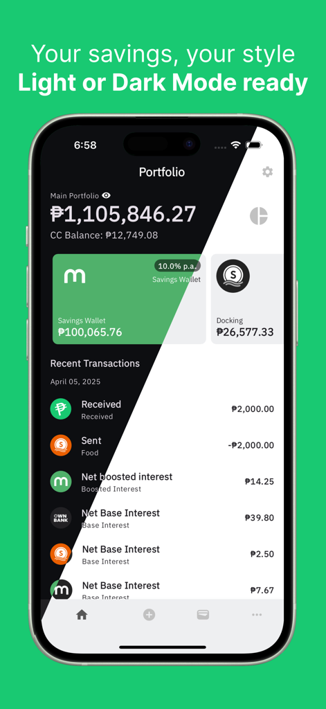 Finnest App portfolio screen showing light and dark mode comparison with financial tracking data