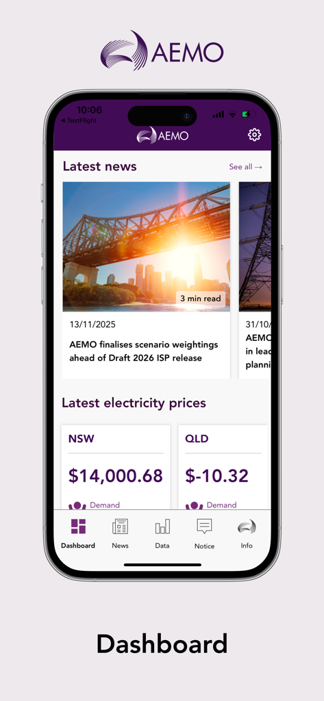 AEMO Energy Live - AEMO Energy Live app dashboard displaying latest news and regional electricity prices