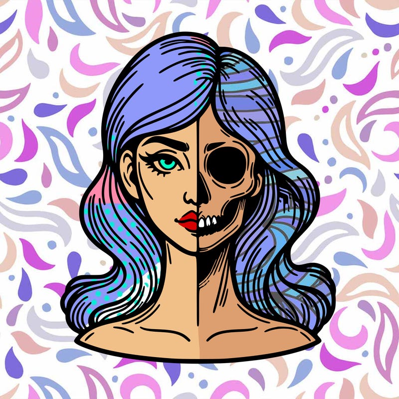 bust of a woman, half face and hair, half skull