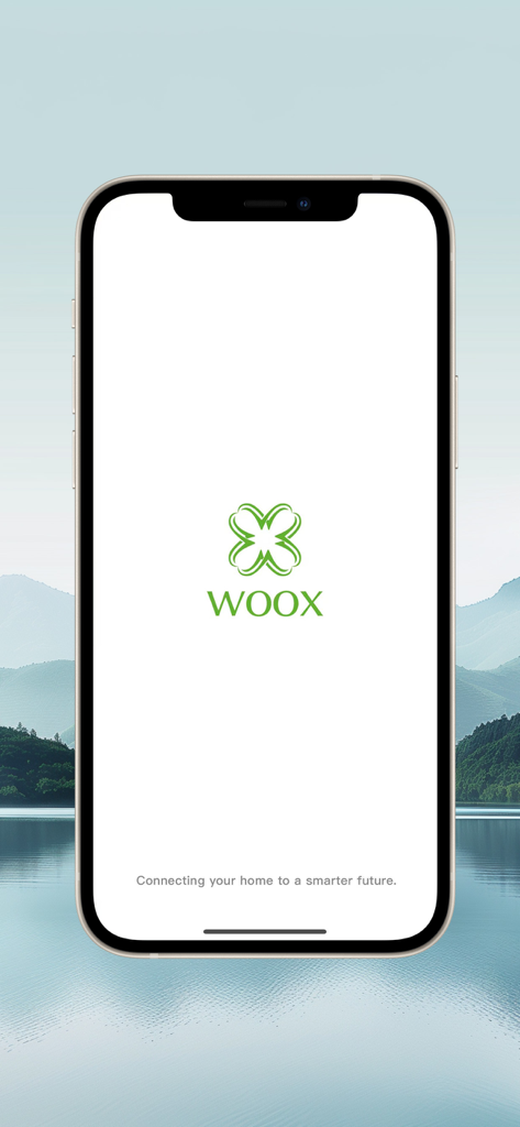 WOOX Home - WOOX Home App Startbildschirm auf einem iPhone mit dem Markennamen und Slogan.