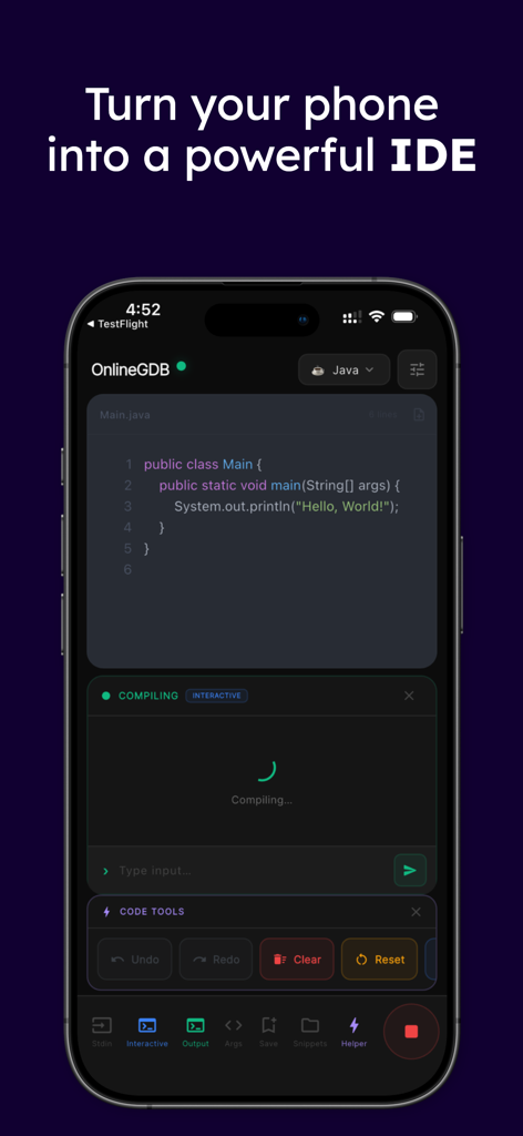 OnlineGDB Mobile app interface displaying a Java code editor and compilation status on a smartphone screen.