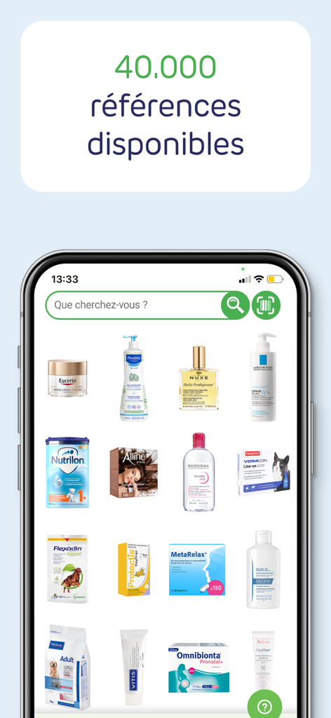 Smartphone screen showing the Newpharma app interface with a grid of various health and beauty products.