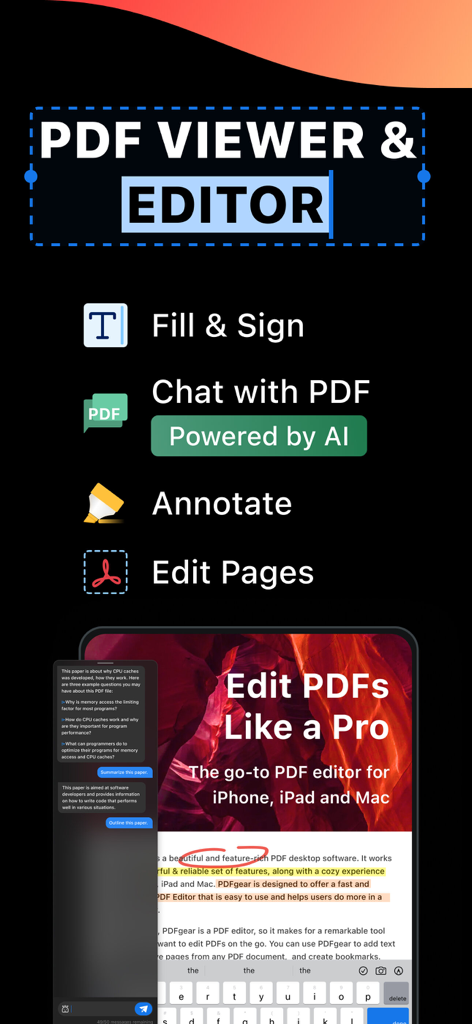 PDF Gear Mobile App-Oberfläche mit PDF-Bearbeitungs-, Signier- und KI-Chat-Tools