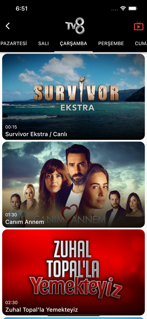 TV8 mobile app interface showing a list of Turkish programs like Survivor and Zuhal Topal.