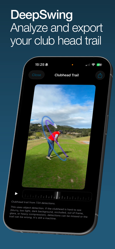 DeepSwing: AI Golf Swing Coach - Visualisation par IA de la trajectoire de la tête de club d'un swing de golf sur un écran de smartphone.