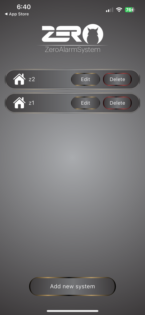 zero-z1 - Interface of the zero-z1 app displaying a list of managed alarm systems with options to add, edit, or delete configurations.
