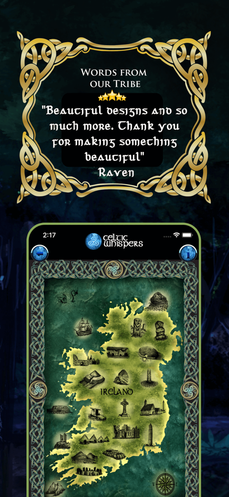 Captura de pantalla de la aplicación Susurros Celtas con un mapa mítico de Irlanda y un testimonio de usuario de cinco estrellas.