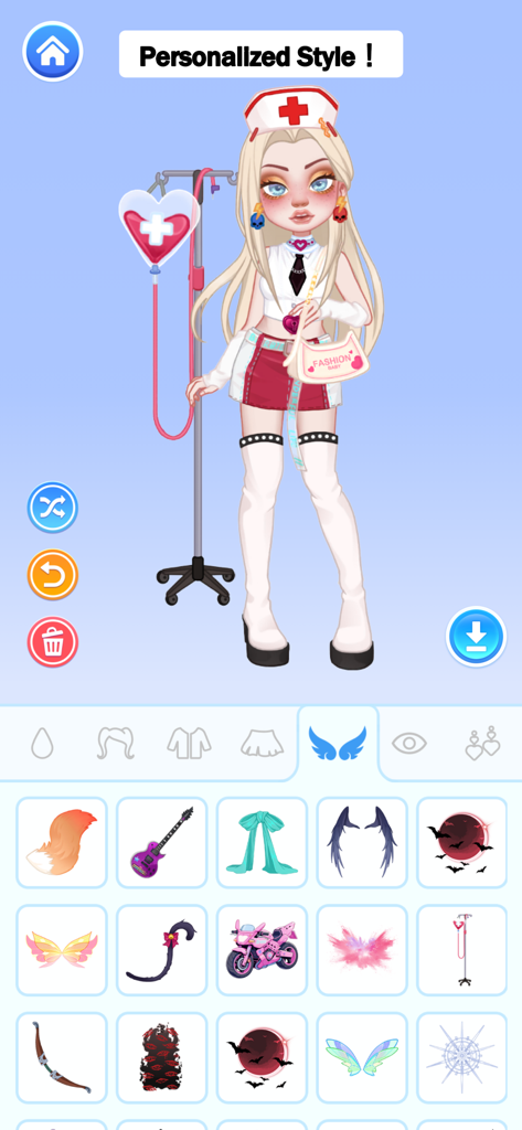 Nurse styled avatar with heart IV bag in YoYa Doll Avatar Maker customization interface