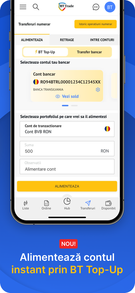 BT Trade - Mobile interface of the BT Trade app showing options to fund a brokerage account instantly