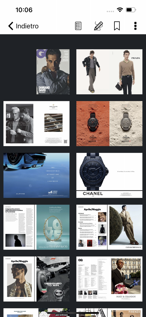 Una griglia di pagine della rivista GQ Italia con pubblicità di alta moda e orologi di lusso.