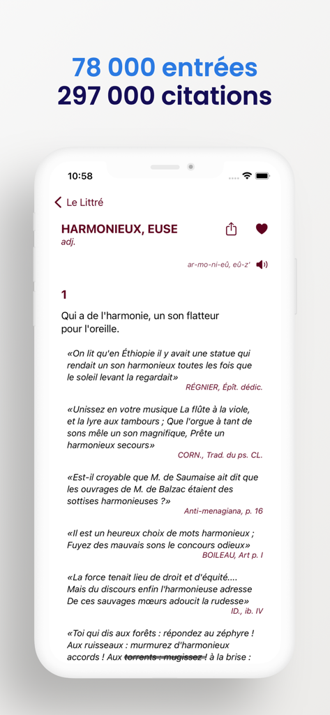 Le Littreアプリでの単語「harmonieux」の詳細な定義と文学引用。
