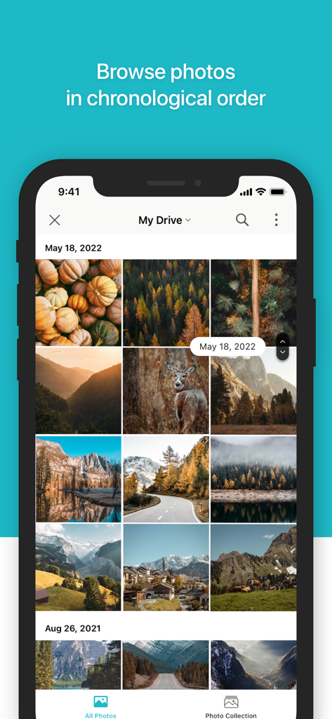 グリッドに時系列で写真が表示された Synology Drive モバイルアプリ