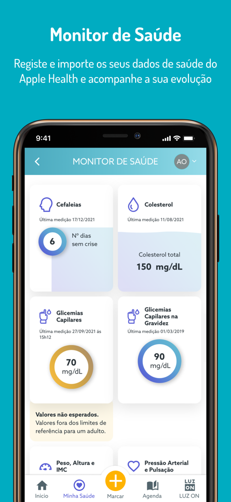 Ecrã do monitor de saúde da aplicação móvel MY LUZ a acompanhar os níveis de colesterol e glicose