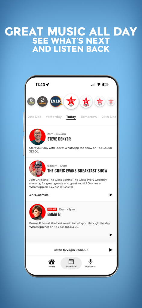 Interfaz de la aplicación Virgin Radio UK mostrando el horario de transmisión diario y la alineación de DJs.