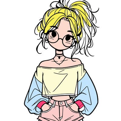 girl with a messy ponytail glasses a baggy crop top and jean shorts