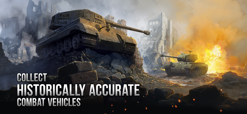 Two historically accurate tanks in a destroyed city battlefield from Armor Age Tank Wars.