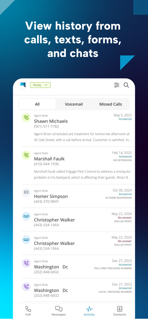 CTM Phone - CTM Phone 앱 활동 화면으로 마케팅 속성 세부 정보가 포함된 통화 및 메시지의 연대기적 기록 표시