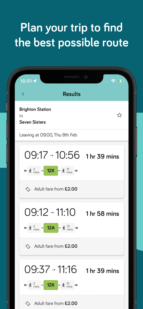 Brighton and Hove Buses app journey planning results screen showing routes and fares