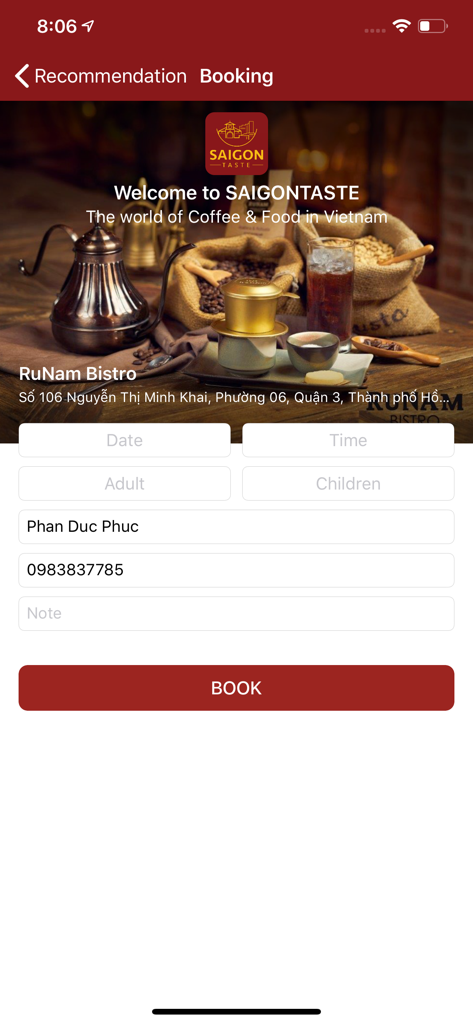 Saigon Taste - Saigon Taste app reservation booking form for RuNam Bistro
