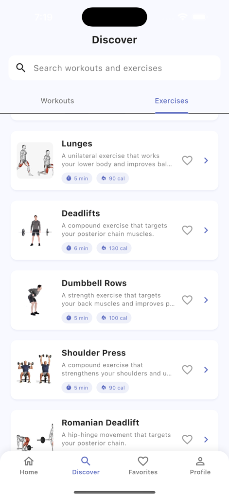 Home Workout - Fitness Pro - Pantalla de descubrimiento de la aplicación Home Workout que presenta una lista de ejercicios como zancadas y peso muerto.