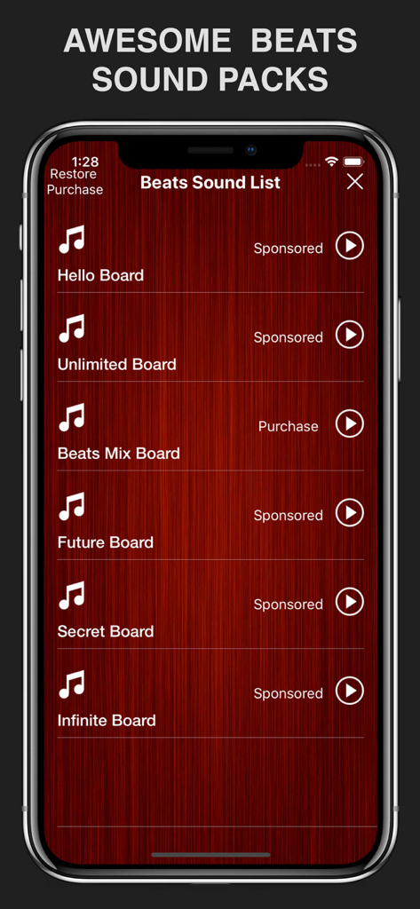 Easy Beats Maker Mix Drum Pad - A menu showing a variety of beat sound packs in the Easy Beats Maker app.