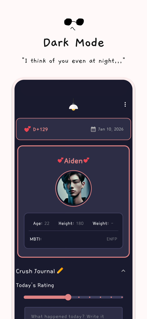 404Log - Crush Diary - 404Log 앱 인터페이스는 다크 모드에서 짝사랑 프로필과 일기 평가 슬라이더를 보여줍니다.