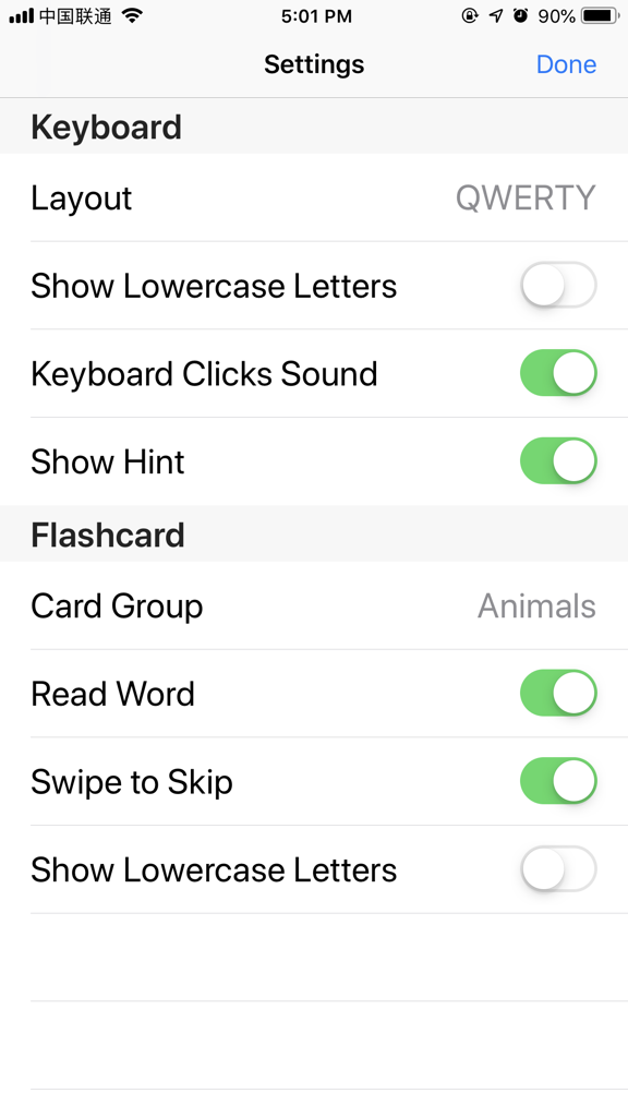Baby Keyboard - Écran des paramètres de l'application Baby Keyboard montrant les options de configuration pour la disposition du clavier et les fonctionnalités des cartes mémoire