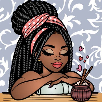 a black woman that looks realistic with braids tied in a bun having a self care day at the spa