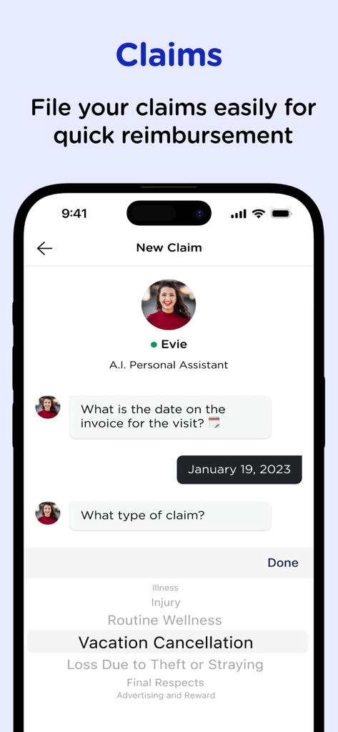 iPhone-Screenshot der Pet Cloud App, der eine Chat-Oberfläche mit einem KI-Persönlichen Assistenten zur Einreichung von Haustierversicherungsansprüchen zeigt