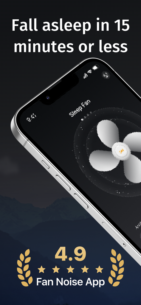 Tap Fan Noise for Sleep - Pantalla de iPhone que muestra la aplicación Tap Fan Noise con una calificación de 4.9 estrellas y un icono de ventilador