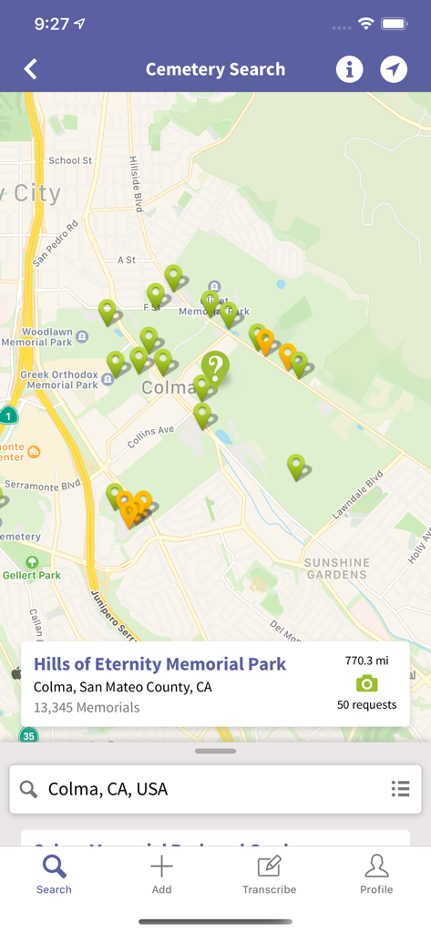Friedhofssuchkarte in der Find a Grave App mit Anzeige von Grabstandorten.