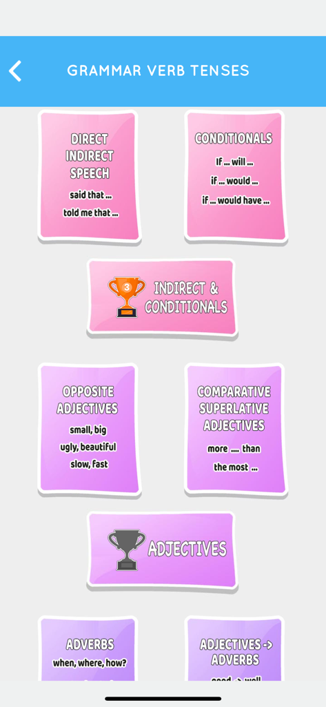 Learn English Grammar Easily - Interfaz de la aplicación móvil de gramática inglesa que muestra lecciones de habla directa, condicionales y adjetivos con logros de trofeos