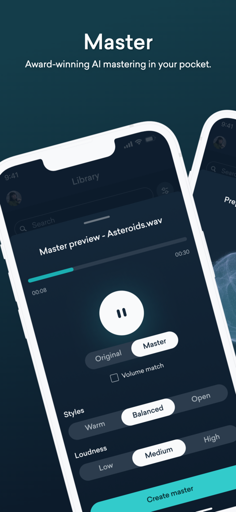 LANDR - For Music Makers - Interface de l'application LANDR montrant un aperçu du mastering IA avec des options pour des styles chauds, équilibrés ou ouverts et un contrôle du volume