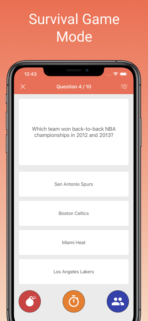 NBAファンクイズのサバイバルゲームモードインターフェース。バスケットボールのトリビア質問を表示。